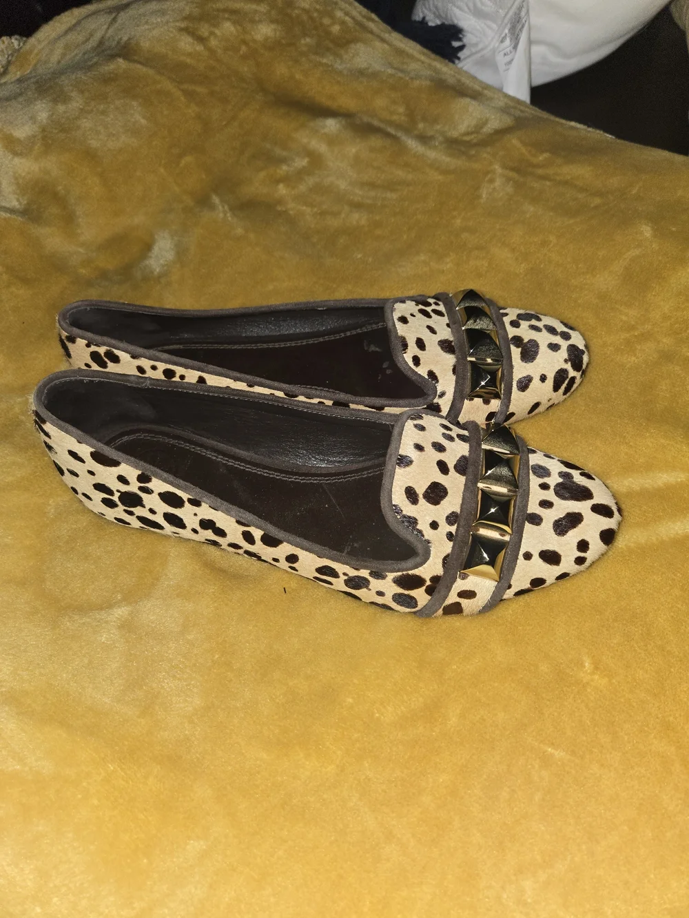 Tory Burch Leopard Haircalf Stud-Trim Ballet Flats in Cream and Brown